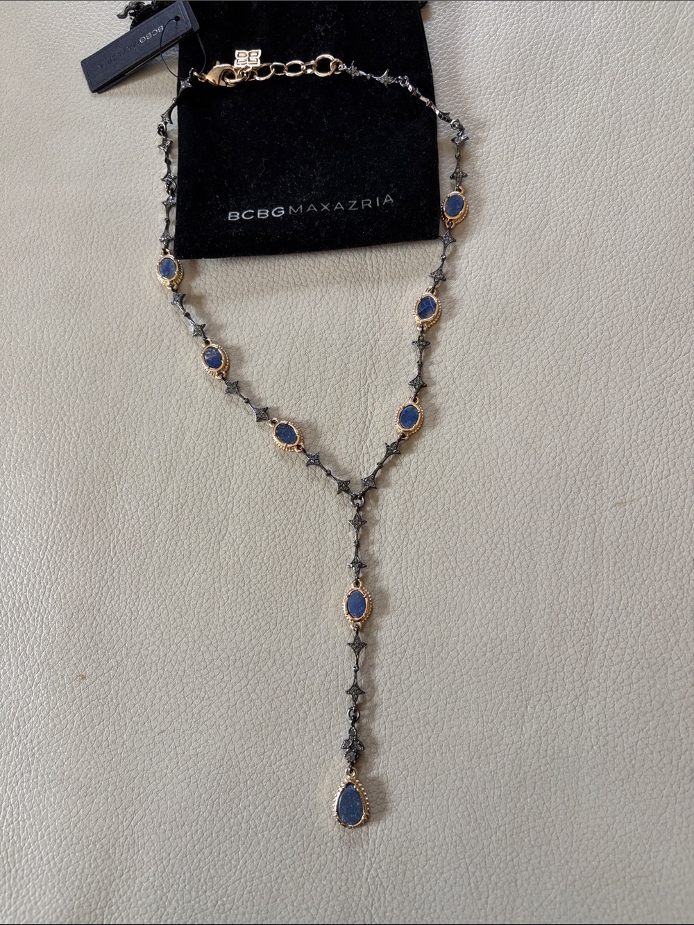 BCBGMaxAzria Blue and Gold Lariat Necklace